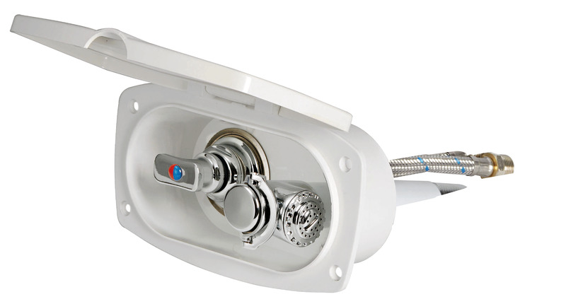 Coffret douche New Edge blanc tuyau PVC 2,50 m Sortie douche arrière