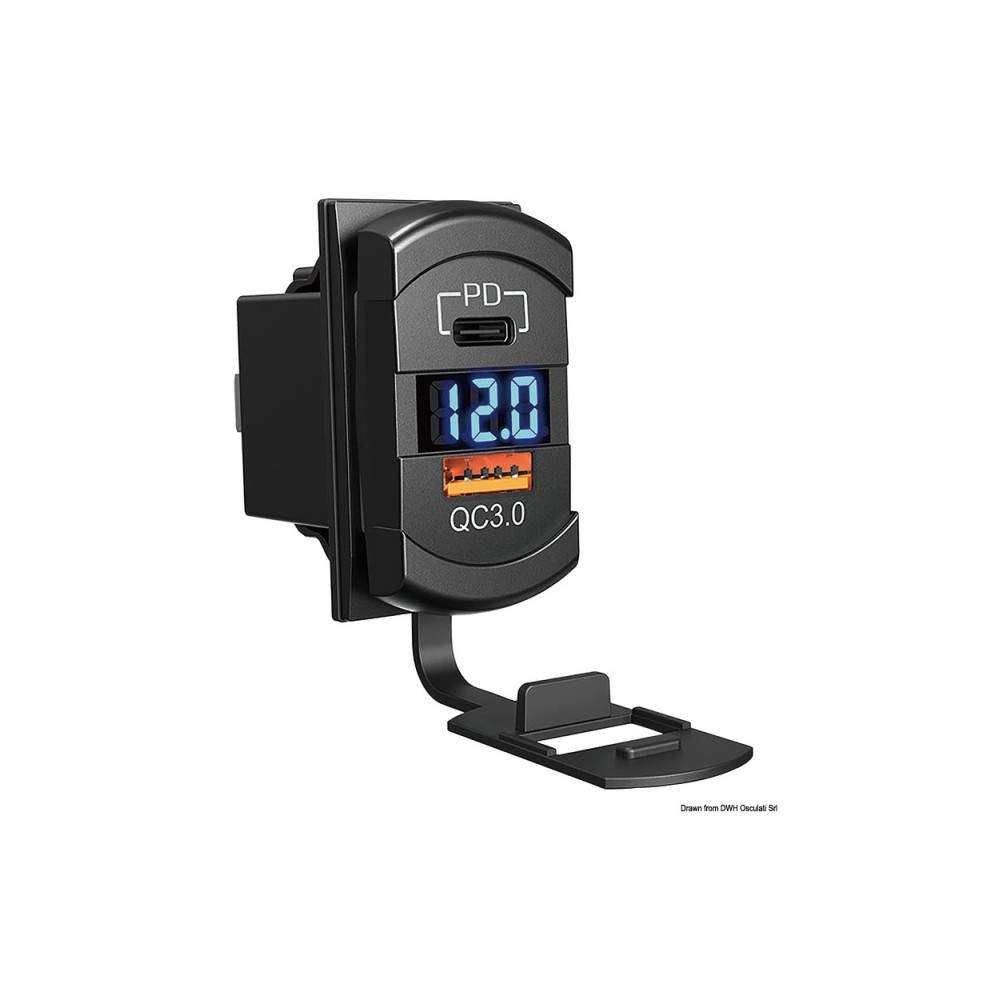 Prise double USB-A+C + 12/24 V voltmètre