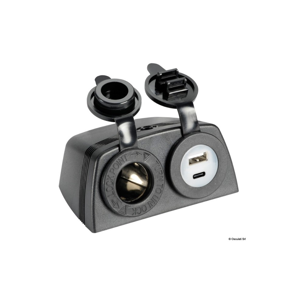 Prise allume-cigares + USB-A+USB-C avec carenage