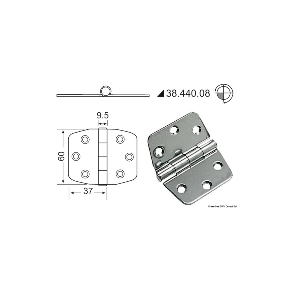 Charnière 2 mm nœud saillant 74x60 mm