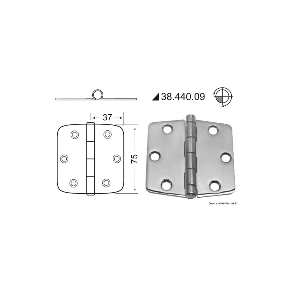 Charnière 2 mm nœud saillant 74x75 mm